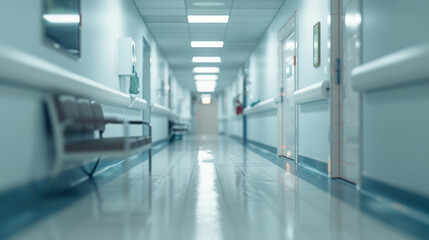 Obraz premium Blurred modern hospital corridor background. Abstract blurry clinic hallway interior. Entrance of medical emergency room in hospital. Healthcare and medical center background