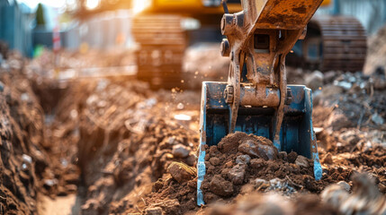 Naklejka premium Bucket of backhoe digging the soil at construction site. Crawler excavator digging on demolition site. Excavating machine. Earth moving equipment. Excavation vehicle. Construction business