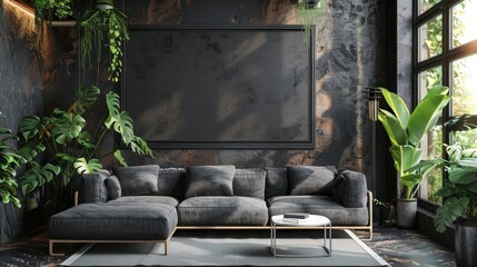 Mockup frame in black living room interior with retro decor