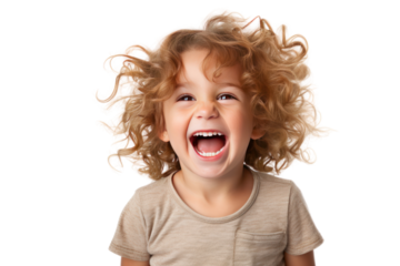 A toddler with a mischievous grin and tousled hair poking their tongue out on white background