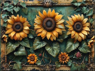 An ornate text box with a border of sunflowers and ivy leaves. 