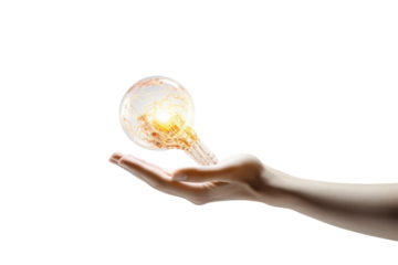 A symbolic representation of artificial intelligence as a powerful tool, with a hand holding a glowing orb, isolated on a white canvas