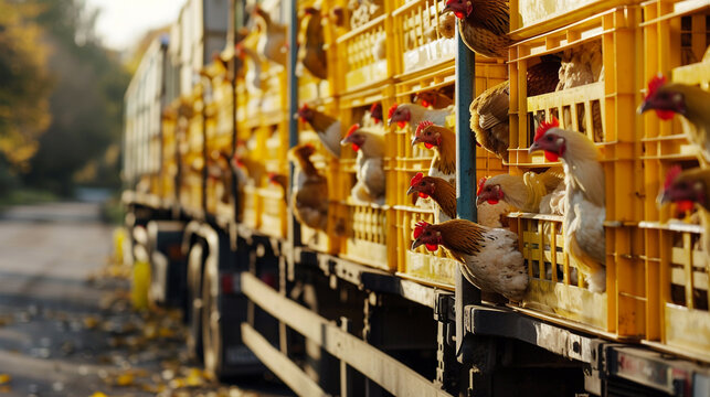 Chicken getting transported by truck from livestock farm to the food factory. Poultry industry. Avian influenza A(H5) virus or H5 bird flu concept. Livestock transport. Chicken in platic crates.