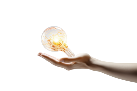 A symbolic representation of artificial intelligence as a powerful tool, with a hand holding a glowing orb, isolated on a white canvas