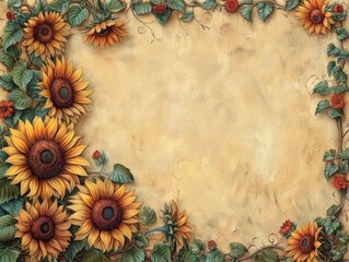 An ornate text box with a border of sunflowers and ivy leaves. 