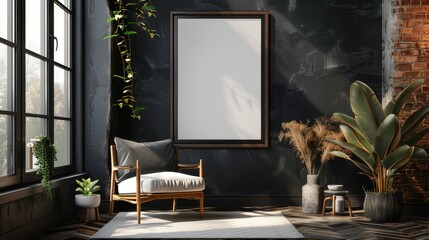 Mockup frame in black living room interior with retro decor