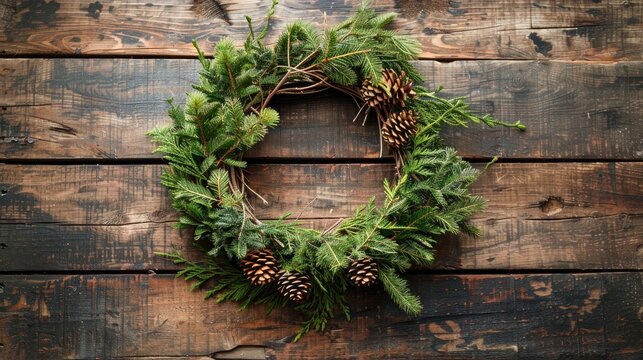 Minimalistic natural advent wreath with grapevine and fir branches on wooden backdrop