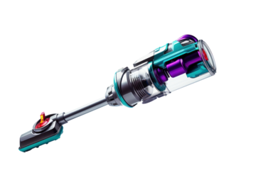 A sleek and stylish cordless vacuum cleaner suspended in mid-air against a stark white backdrop, its sleek lines and vibrant colors highlighted by the contrast. on white background