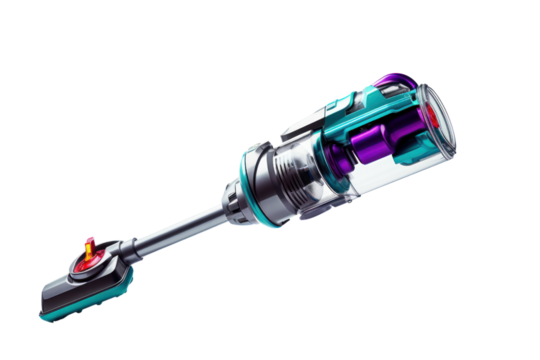 A sleek and stylish cordless vacuum cleaner suspended in mid-air against a stark white backdrop, its sleek lines and vibrant colors highlighted by the contrast. on white background