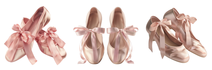 set of a pair of ballet shoes with satin ribbons on transparent background