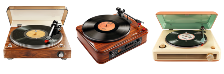 set of a retro-style record player with a vinyl record spinnin on transparent background