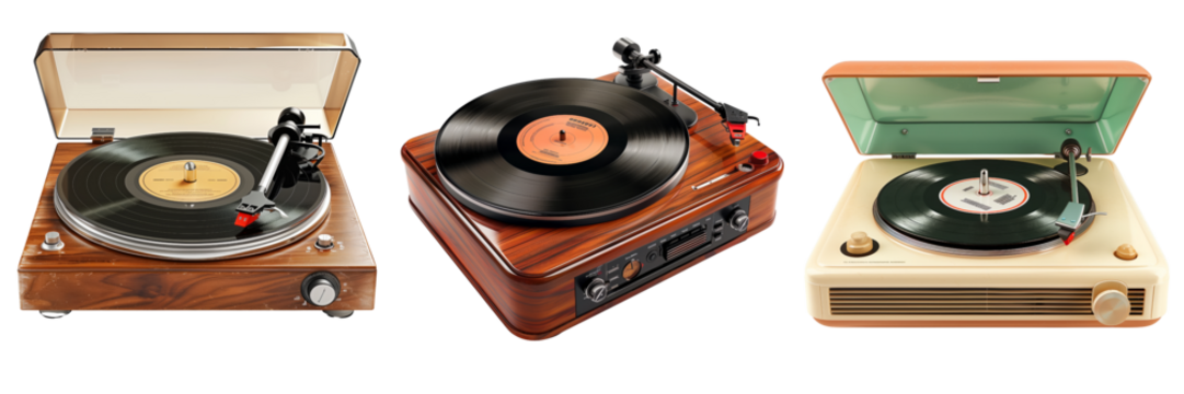 set of a retro-style record player with a vinyl record spinnin on transparent background