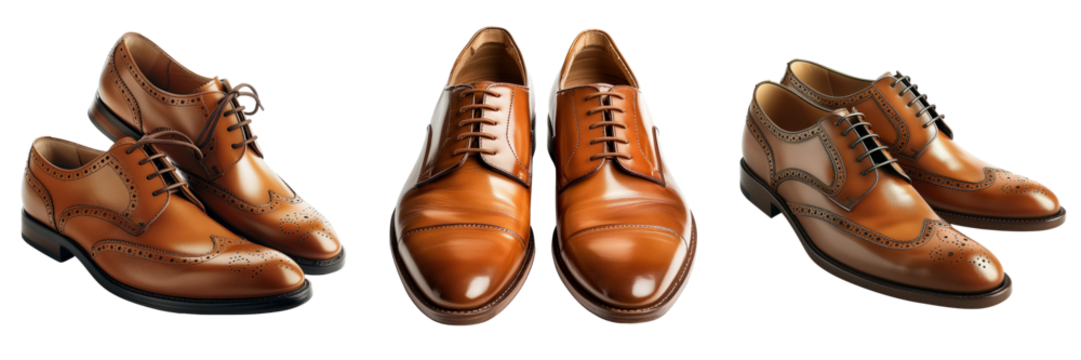 set of a pair of mens leather dress shoes on transparent background