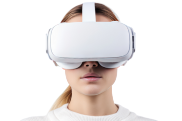 A photorealistic rendering of a virtual reality headset, its immersive capabilities captured in the wearer's enraptured expression, isolated on white