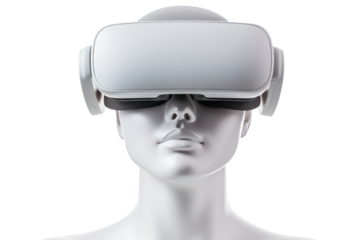A photorealistic rendering of a virtual reality headset, its immersive capabilities captured in the wearer's enraptured expression, isolated on white