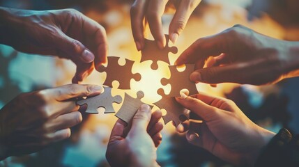 A group of people are holding a puzzle together. Generate AI image