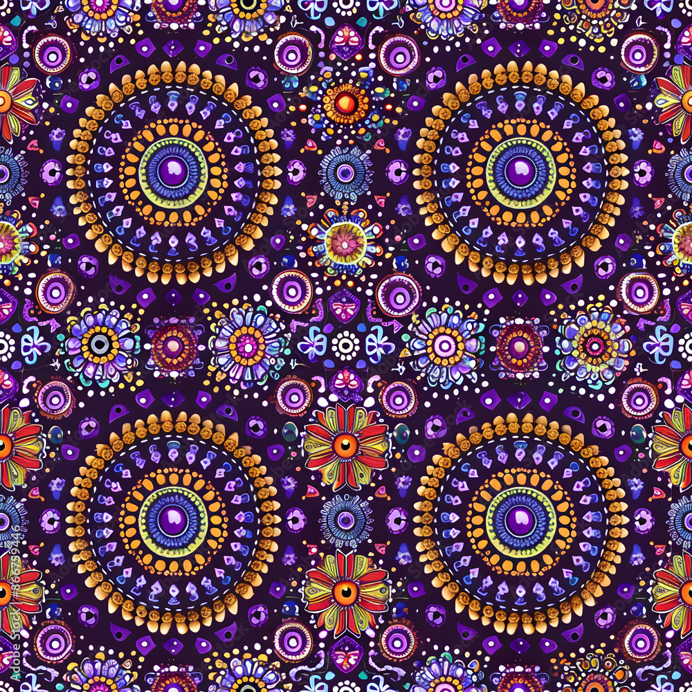 Poster colorful floral mandalas on a deep purple background in a seamless repeating pattern design