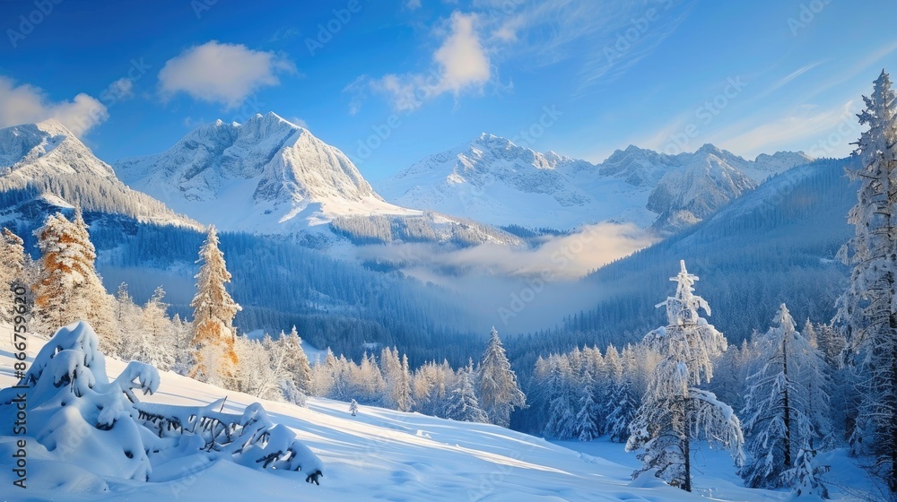 Sticker scenic winter landscape of mountains and forest with blue sky