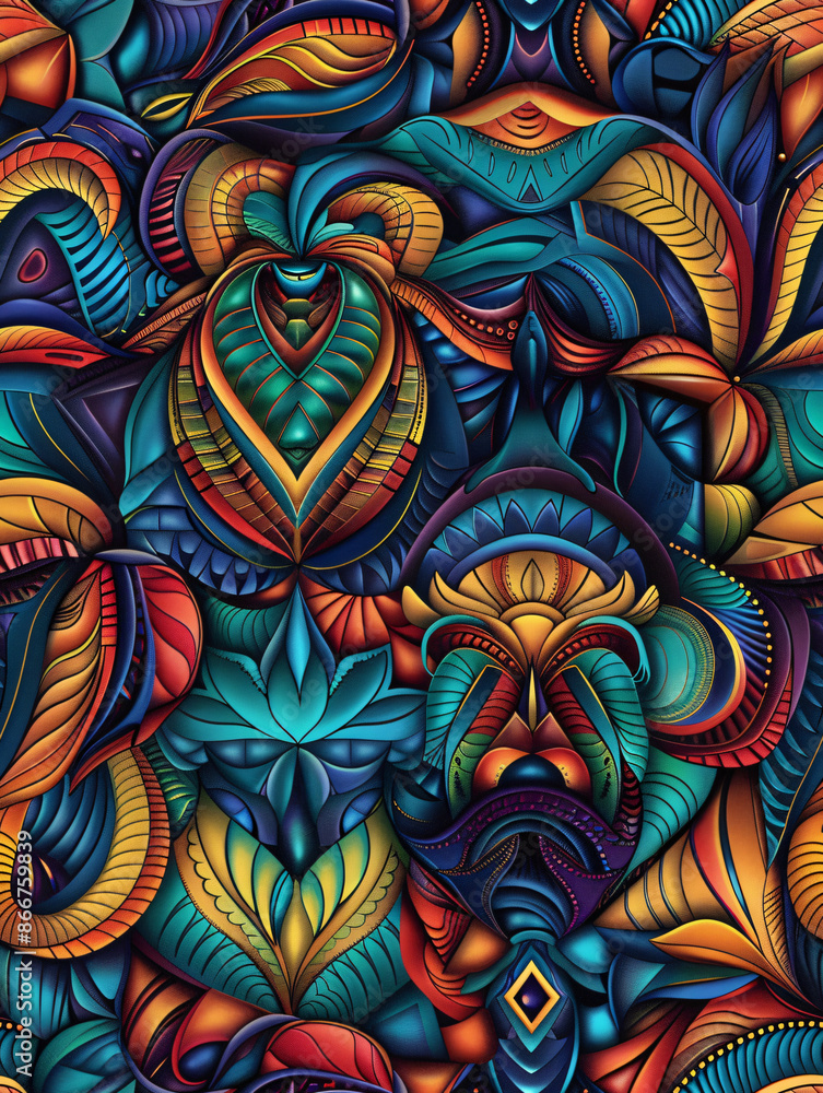 Poster vibrant and detailed seamless pattern featuring a psychedelic design with intricate shapes and forms