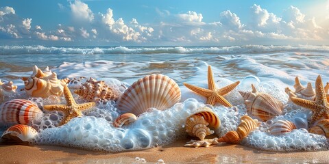 Exciting Travel Photo of Ocean Waves and Sea Shells, Close-Up