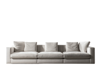 A minimalist modern luxury sofa with clean lines and geometric shapes, crafted from premium materials like marble and velvet, showcased on a pristine white background