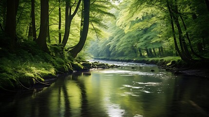 Obraz premium A calm river flowing through a dense forest in spring