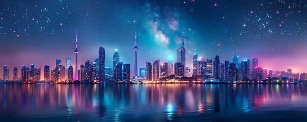 Fototapeta premium Night city skyline with towering skyscrapers and twinkling stars, reflections in water, panoramic shot, captivating and serene