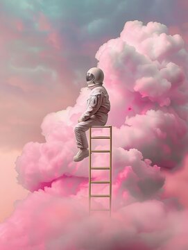 An astronaut dressed in a white spacesuit, sitting on a ladder, surrounded by surreal pink clouds creating a dreamlike and imaginative atmosphere.