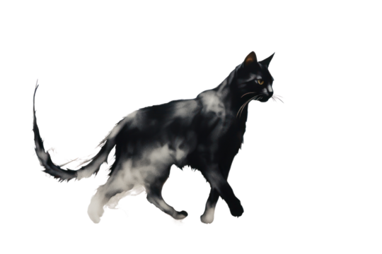 A graceful feline silhouette dances against the canvas of white.
