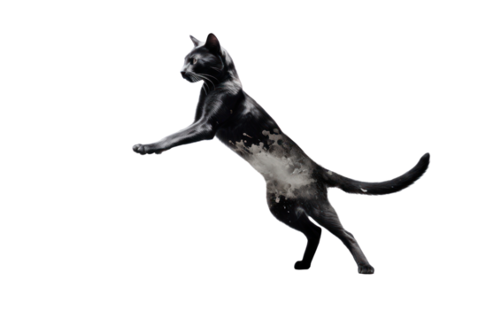 A graceful feline silhouette dances against the canvas of white.