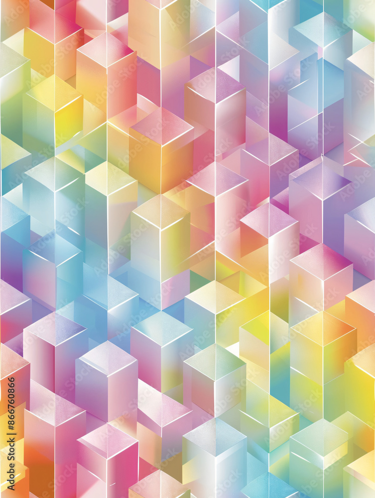 Poster vibrant geometric design featuring translucent cubes overlapping to create depth and dimension