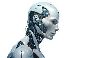 A detailed illustration of a humanoid robot, its metallic body gleaming under a spotlight, isolated on a white backdrop