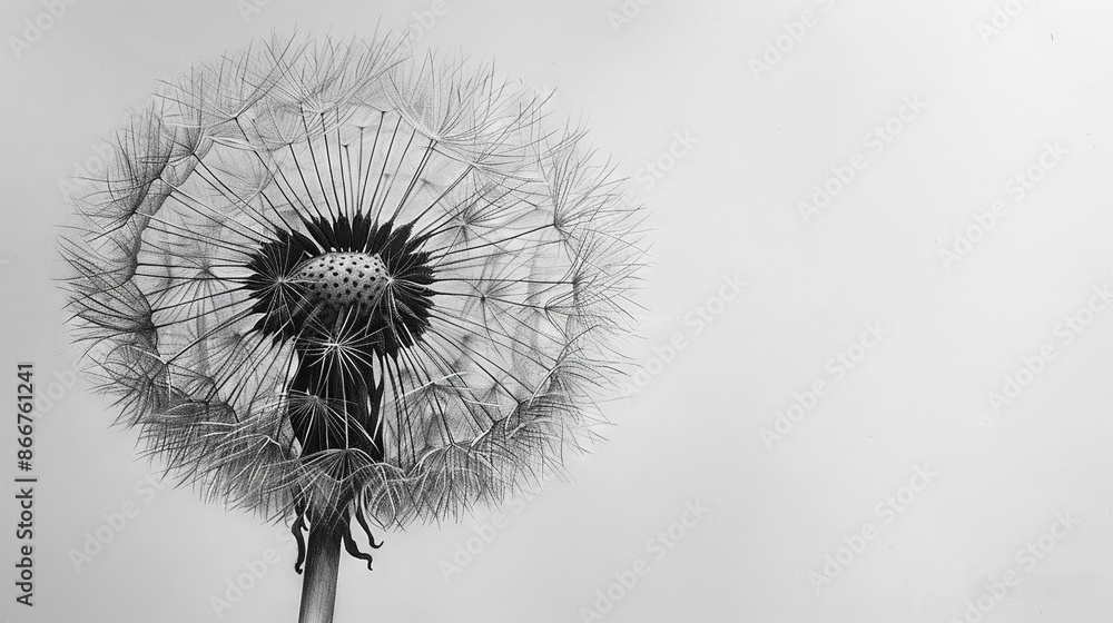 Poster a monochrome image of a dandelion with both its head and seeds still attached