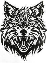 Obraz premium A black and white drawing of a wolf with its mouth open and teeth bared