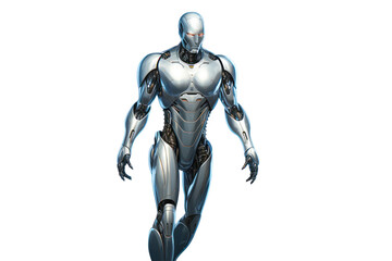 A detailed illustration of a humanoid robot, its metallic body gleaming under a spotlight, isolated on a white backdrop