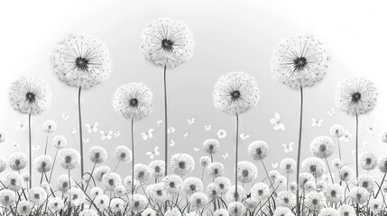  A black-and-white photograph captures a dandelion field with a butterfly flying overhead