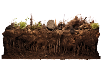 A cross-section of a healthy forest soil teeming with roots and worms, displayed on a stark white background.