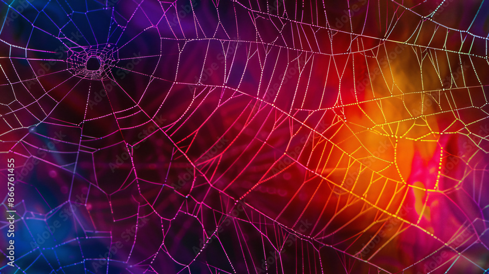 Poster Beautiful pattern of water droplets on abstract spiderweb against colorful background