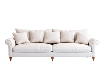 A cozy and inviting modern luxury sofa with plush cushions, deep seating, and a welcoming atmosphere, captured against a clean white background