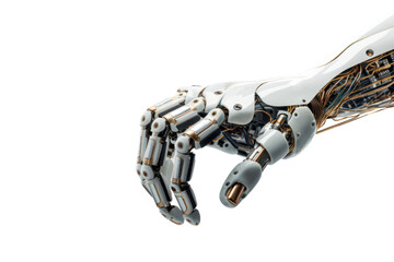 A close-up shot of a robotic arm delicately assembling a microchip, its precise movements highlighted against a white background