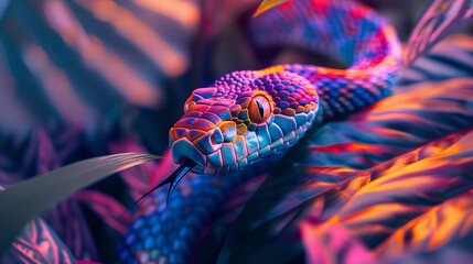 Obraz premium A colorful snake 2025 symbol is shown in a jungle setting. Zodiac sign according to the Chinese horoscope.