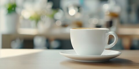 Obraz premium Unbranded coffee cup on counter in cozy cafe setting. Concept Coffee Shop Photography, Cozy Atmosphere, Unbranded Products, Lifestyle Scene