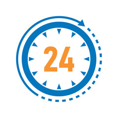 blue color clock and 24 hour text color yellow clock outside arrow line with dots vector design clipart 