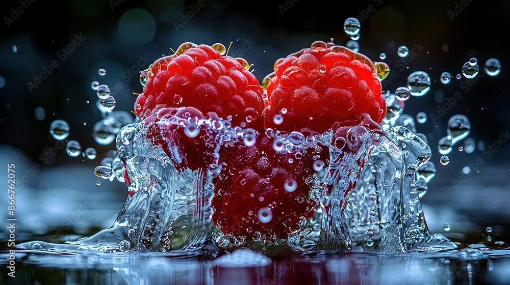 Poster   A macro shot of several raspberries with water dripping from above and below