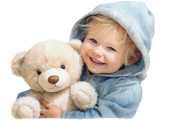 A chubby baby with rosy cheeks and big blue eyes giggling while holding a teddy bear on white background
