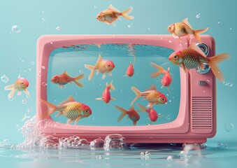 A whimsical pink vintage television converted into an aquarium, with goldfish swimming and...