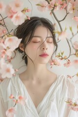 Fototapeta premium A tranquil scene showcasing a young woman dressed in a white gown, eyes closed, enveloped in delicate pink cherry blossoms, embodying peace and nature's beauty in a calm, serene setting.