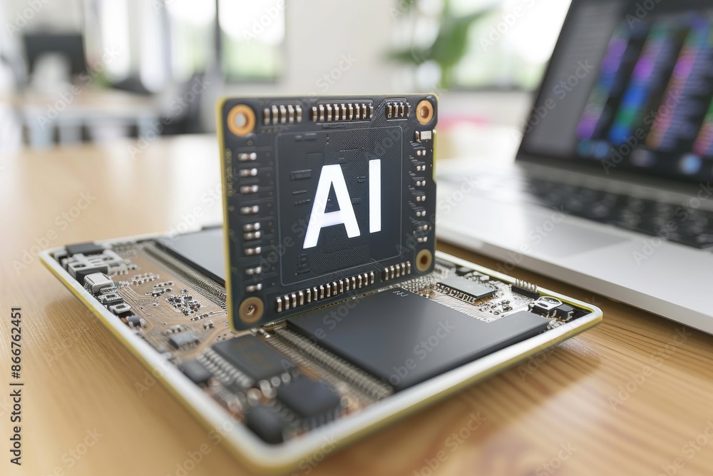 Poster advanced ai microchip technology showcased on digital devices, futuristic artificial intelligence ci