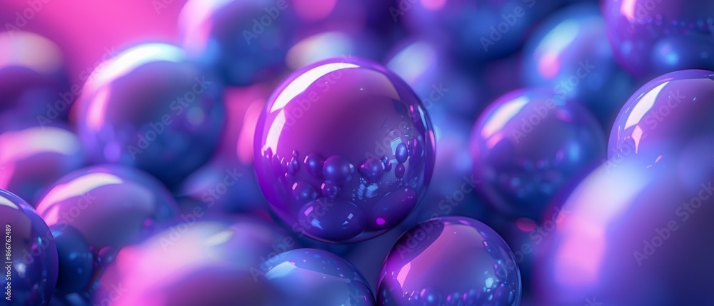 Poster close-up image of iridescent, purple orbs arranged in a cluster, creating a dreamy and abstract comp