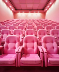 Obraz premium A theater featuring vibrant pink cushioned seats, all meticulously arranged in symmetrical rows, creating a pleasing and eye-catching seating arrangement for viewers.